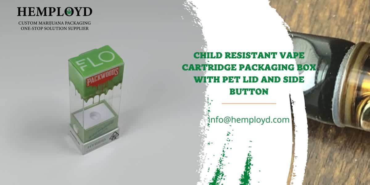 child resistant vape cartridge packaging box with PET Lid and side button-hemployd