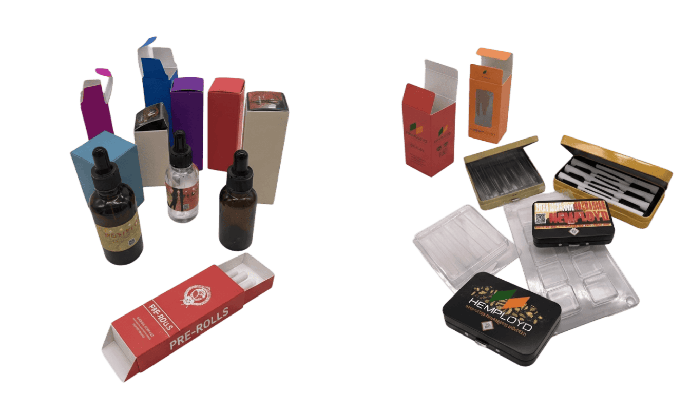 Assorted cannabis packaging: dropper bottle cartons, pre-roll drawer box, disposable vape tin cases, and blister trays in multiple sizes.
