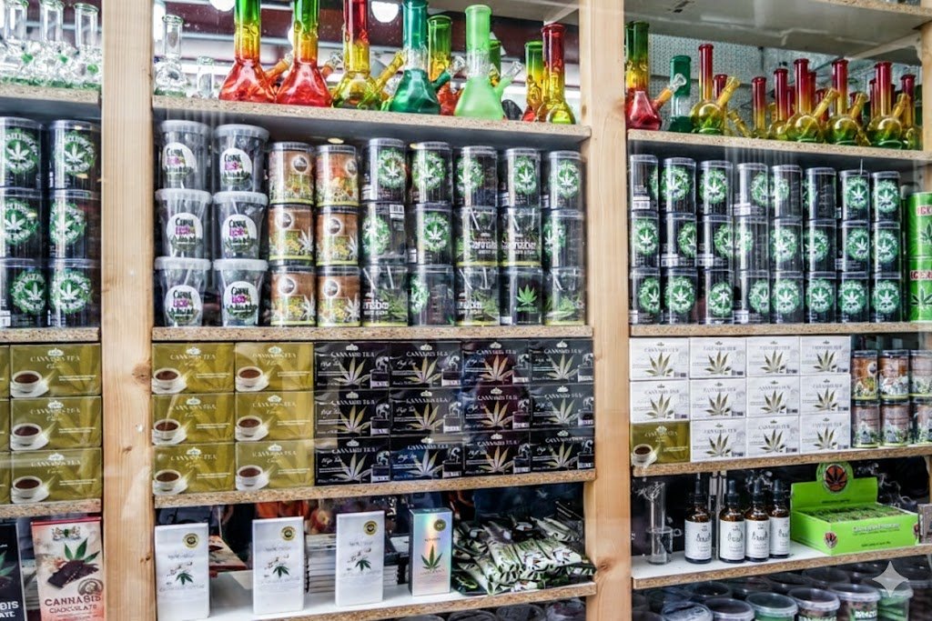 Display of cannabis products and packaging, including jars, tea boxes, and accessories
