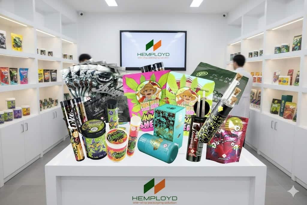 Custom cannabis packaging samples on display in a factory showroom