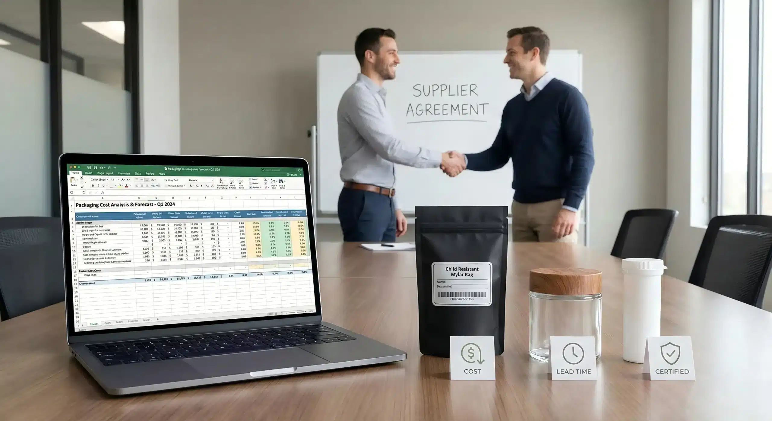 Cost analysis of cannabis flower packaging types with samples on a table and a supplier agreement handshake in the background