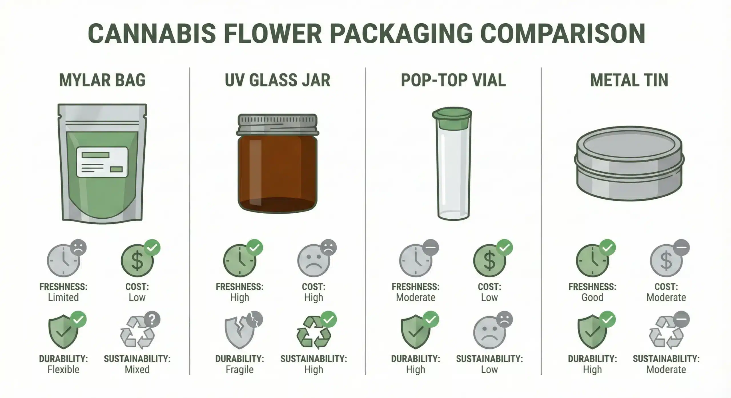 Infographic comparing mylar bags, glass jars, pop-top vials and metal tins for cannabis flower packaging