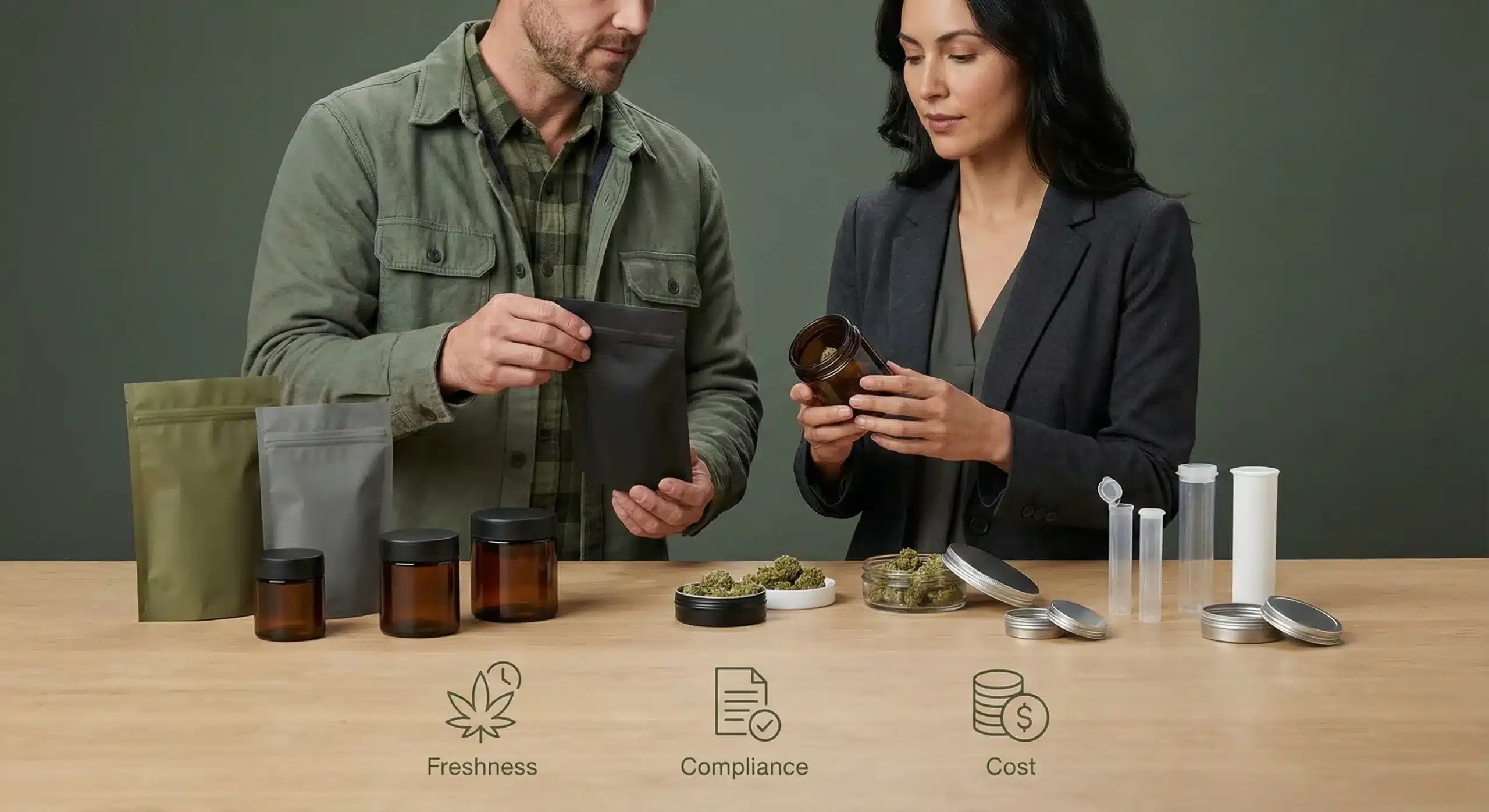 Grower and dispensary buyer reviewing different cannabis flower packaging options including mylar bags, glass jars and pop-top vials