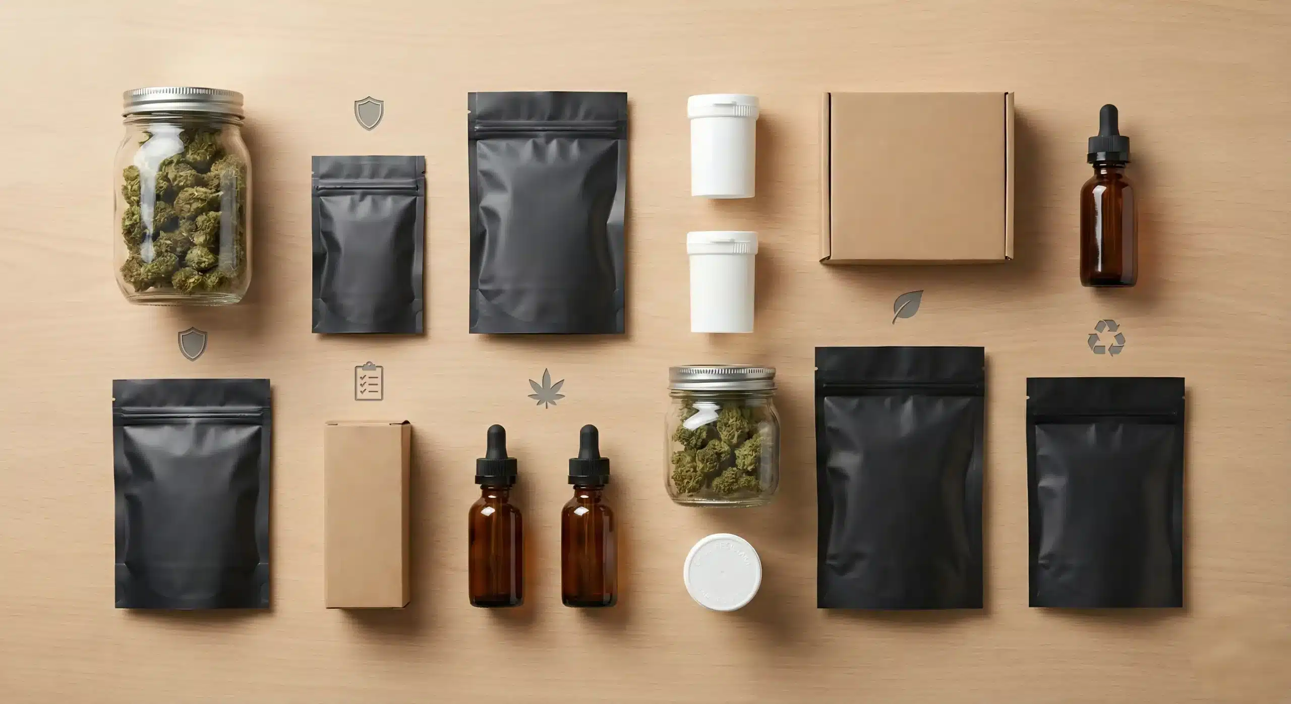 Various cannabis packaging types showing jars, mylar bags, pop-top containers and edible boxes representing protection, compliance, branding and sustainability
