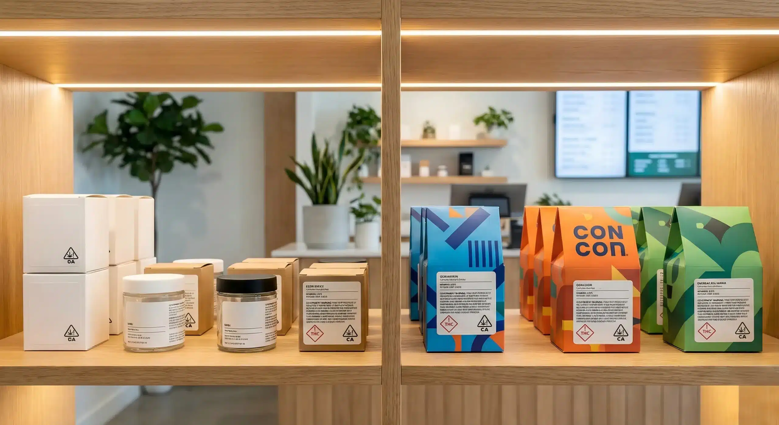 Dispensary shelf showing minimalist and bold cannabis packaging designs side by side