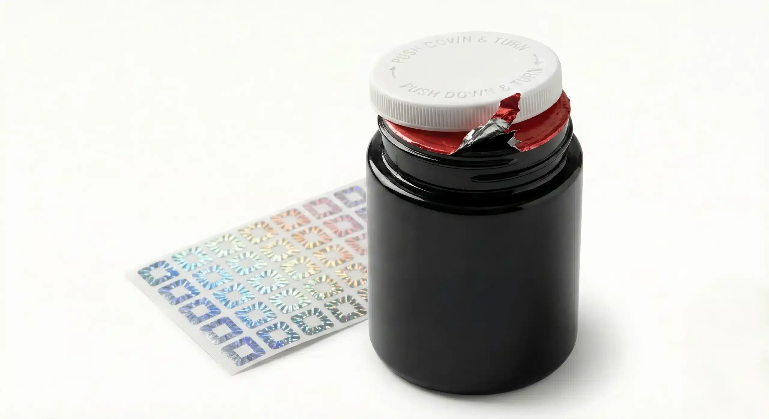 Child-resistant cannabis container with push-and-turn cap and broken tamper-evident seal