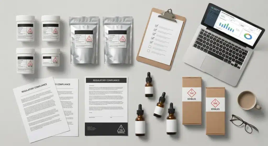 Compliant cannabis packaging with child-resistant jars, opaque bags, and THC warning labels on a compliance checklist desk