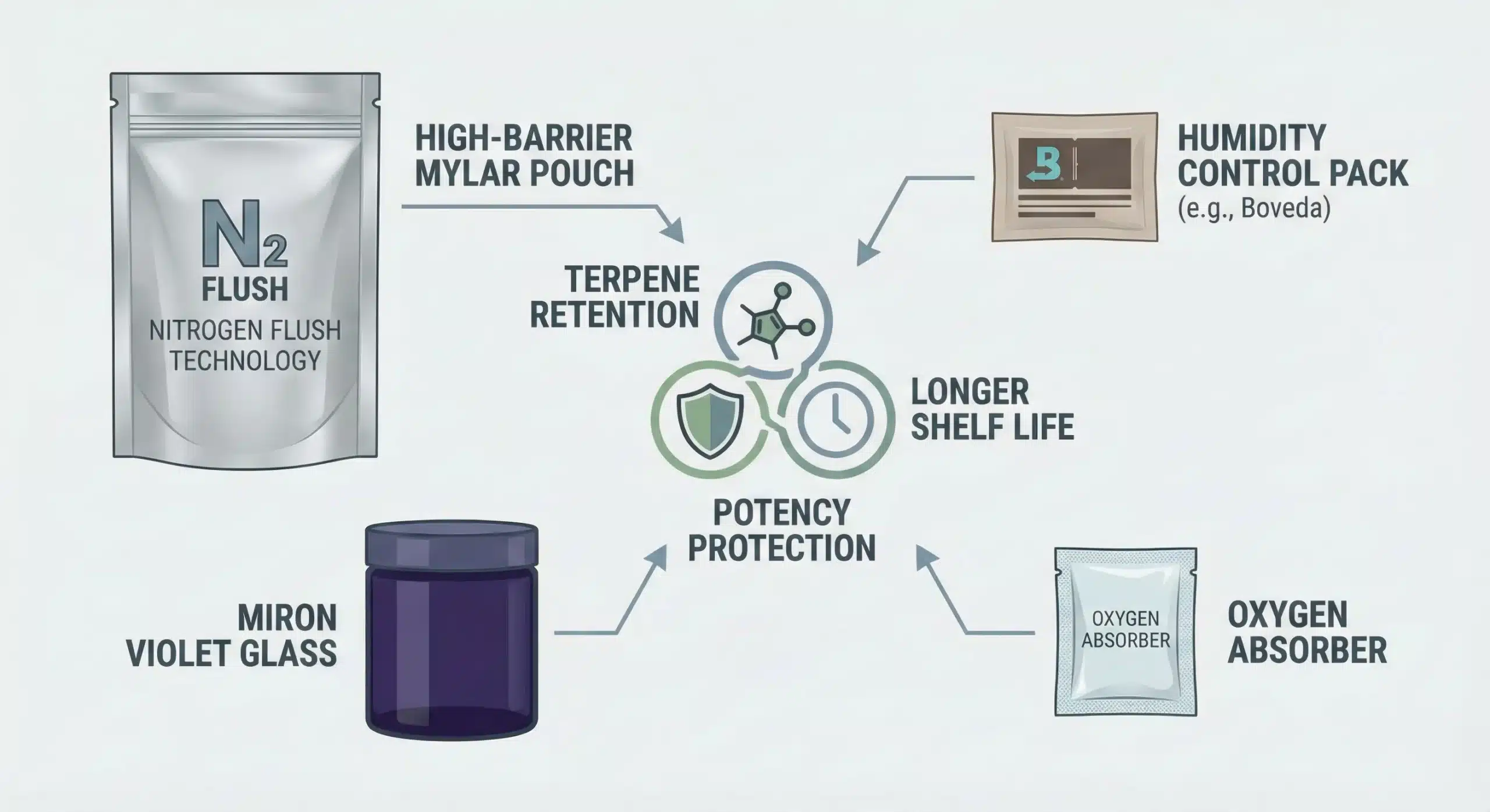 High-barrier mylar pouch, Miron violet glass jar, humidity control pack and oxygen absorber illustrating cannabis flower preservation technology