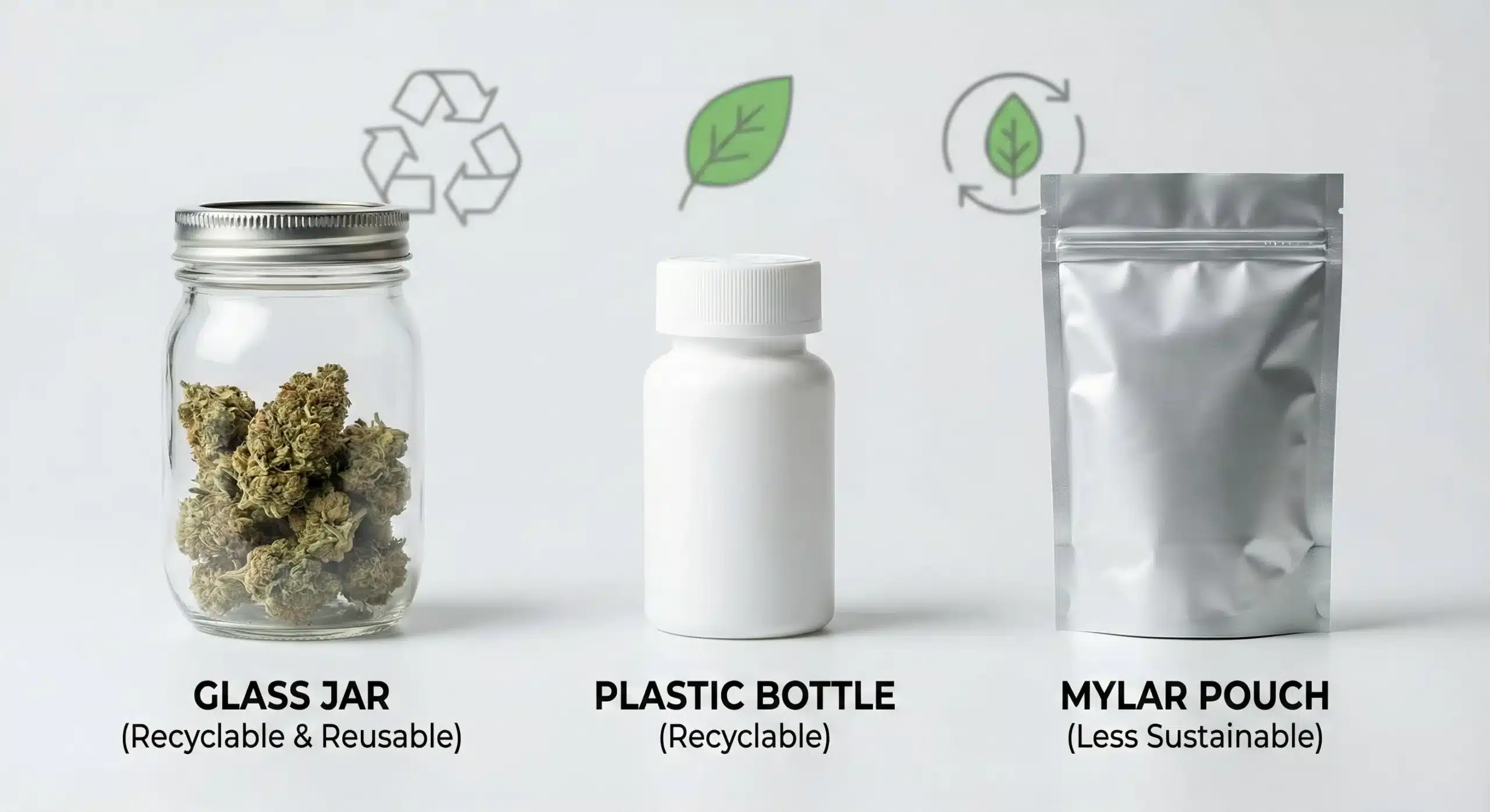 Glass jar, plastic bottle and mylar pouch illustrating different materials used in cannabis packaging and sustainability considerations