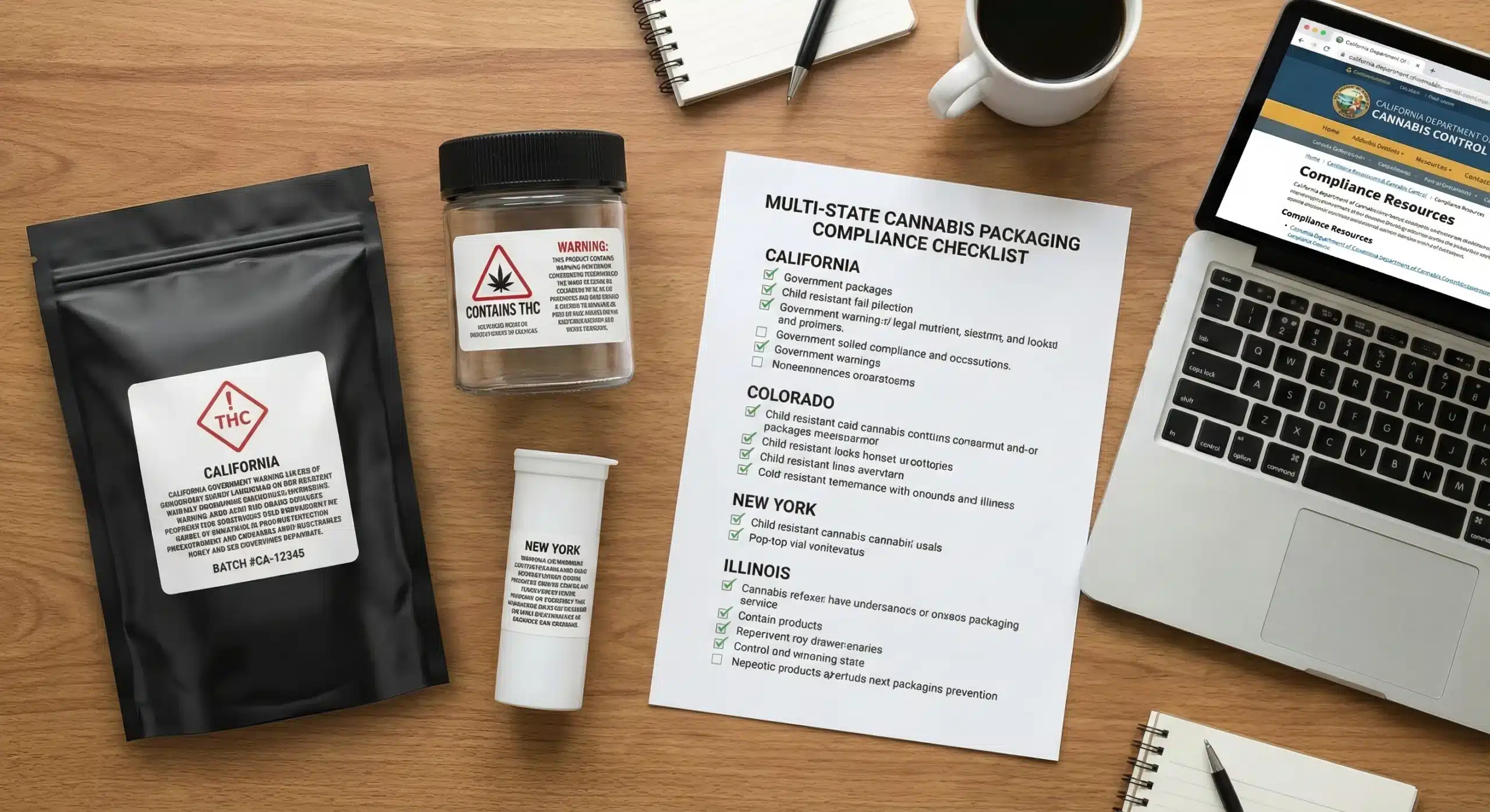 Compliant cannabis flower packaging next to a multi-state compliance checklist for California, Colorado, New York and Illinois
