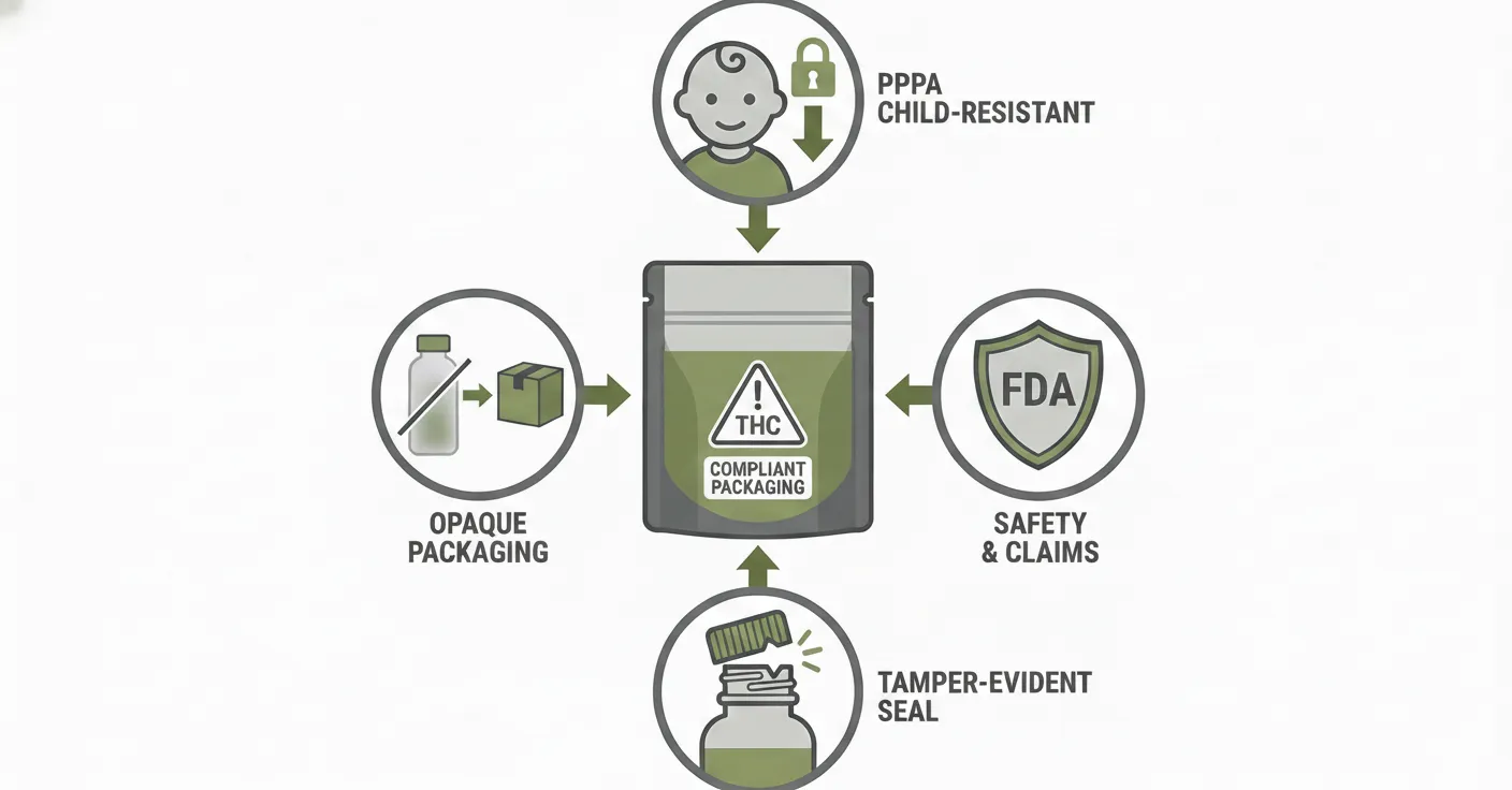 Infographic showing PPPA child-resistant rules and FDA-style safety guidelines around a cannabis package