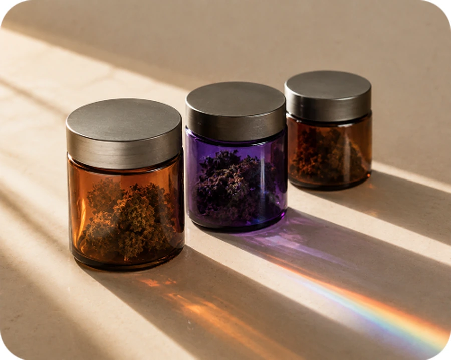 Amber and violet UV-blocking glass cannabis jars