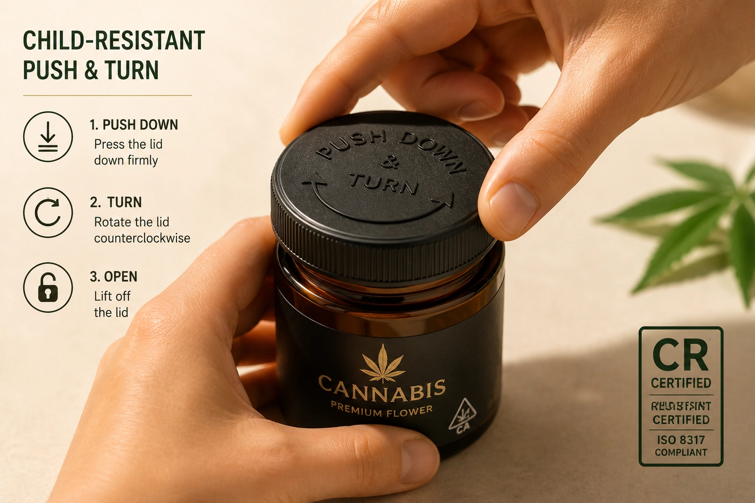 Child-resistant push-and-turn jar lid ASTM D3475 certified