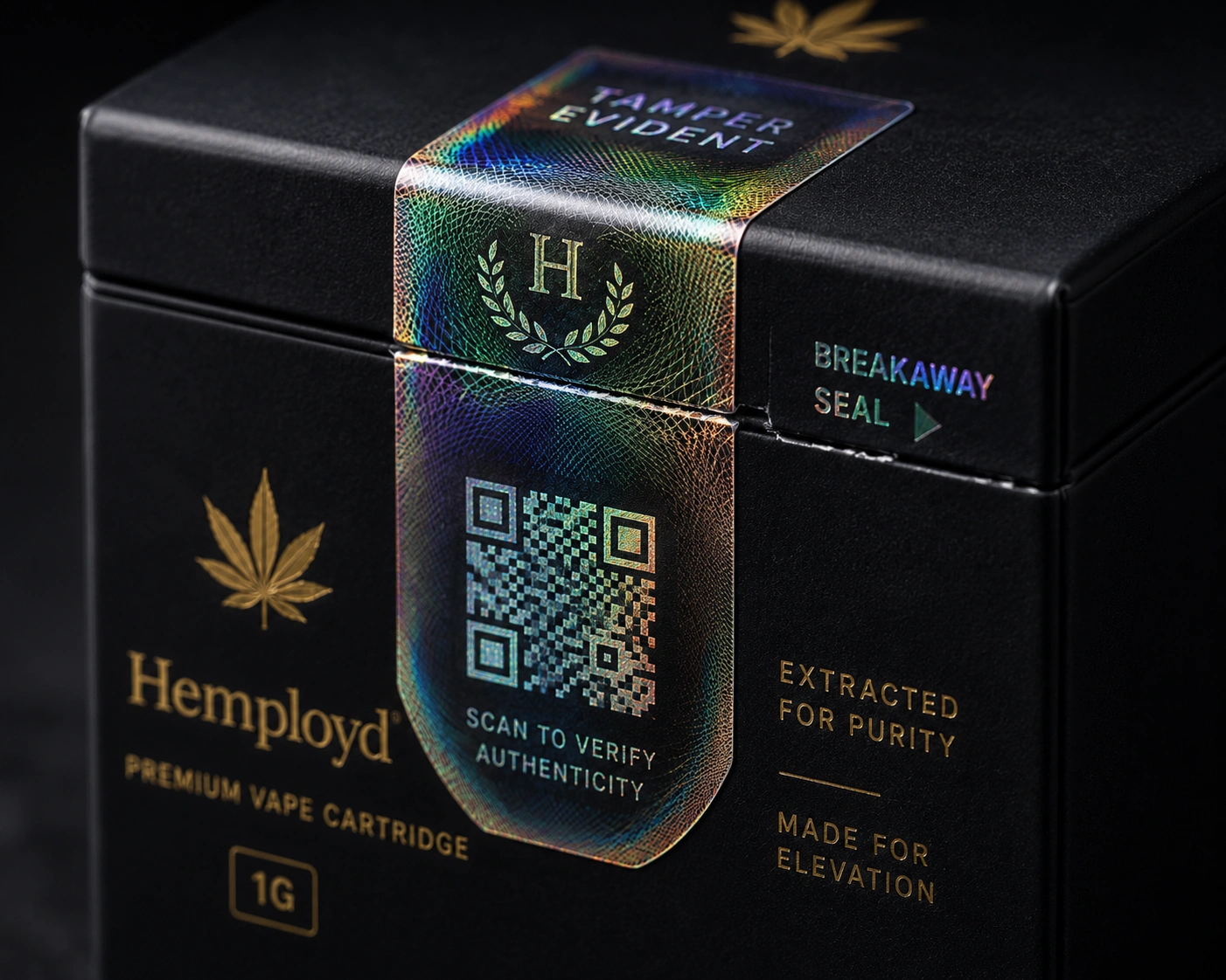 Tamper-evident seal anti-counterfeit vape cartridge packaging