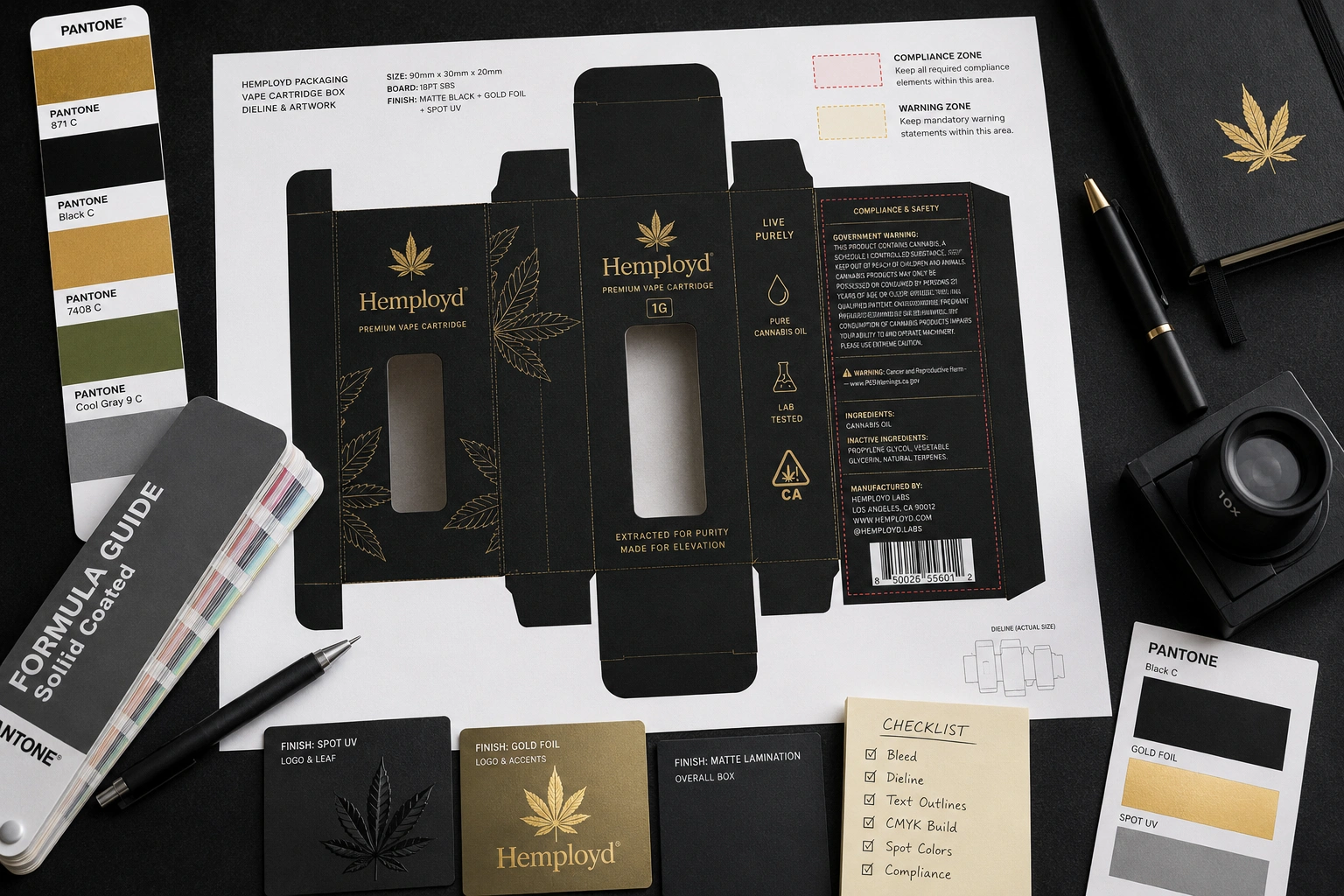 Compliance label zones vape packaging CMYK Pantone print